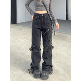 Cinessd Women's Black Gothic Y2k Jeans Vintage 90s Aesthetic Hip Hop Denim Trousers Harajuku High Waist Cowboy Pants 2000s Punk Clothes