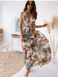 Cinessd - Chiffon Floral Print V-neck Sleeveless Beach Party Dress