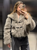 Cinessd Faux Fur Furry Coat For Women Turn-down Collar Button Up Loose Fashion Long Sleeve Jacket Female 2024 Autumn Chic Outwear Tops