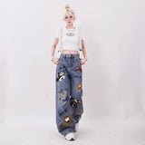 Cinessd New Harajuku American Retro Jeans Loose Wide-leg Jeans Women Cute Cartoon Look Thin Trendy All-match Wide Wide Leg Mopping Pants