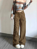 Cinessd Women's Brown Y2k Cargo Jeans Harajuku Denim Trousers 90s Aesthetic Y2k Jean Pants Vintage Japanese 2000s Style Trashy Clothes