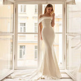 Cinessd Modern Off The Shoulder Sheath/Mermaid Wedding Dresses Back Big Bow Long Train Custom Made 2025 Rode De Morrie