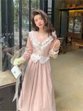 Cinessd Christmas Gift Outfit  French Pink Vintage Dress Woman Princess Fake Two Pieces Dress Female Casual Lace Long Sleeve Elegant Party Midi Dresses 2024