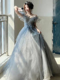 Cinessd 2025 Women Blue Tulle Layered Prom Dresses Slash Neck Flying Sleeve Quinceanera Dresses Female Long Evening Gowns