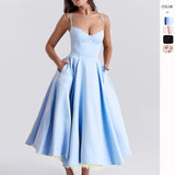 Cinessd Women's Summer Long Dresses Elegant Lady Maxi Dress O-Neck Blue Dress High Waist Party Dresses for Female Sexy Hoilday Sundress