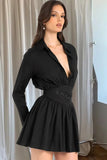 Cinessd V-Neck Long Sleeve Mini Dress with High Waist