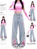 Cinessd Women's Blue Baggy Butterfly Jeans Vintage Cowboy Pants Harajuku Denim Trousers Aesthetic Y2k Oversize Trashy 2000s Clothes 2024