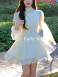 Cinessd Christmas Gfit Outfit Solid Elegant Chiffon Fairy Dress Women 2024 Summer Casual Puff Sleeve Party Dresses Female Fashion Korean Victorian Sweet Dress