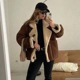 Cinessd Lamb Wool Lined And Suede Short Coat Women Turn-down Collar Single Breasted Loose Casual Chic Pocket Outwear Winter Fashion Tops