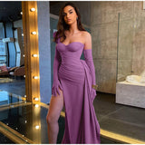 Cinessd - Solid Satin Asymmetric Slit Long Sleeve Dress