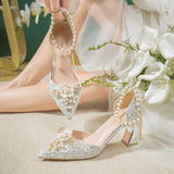 Cinessd Spring new white lace beaded tassel stiletto bridal wedding shoes rhinestone large size single shoes banquet dress women sandals