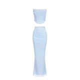 Cinessd  Christmas Gift Outfit  Elegant Maxi Wedding Guest Dress Set Sexy Strapless Blue Cropped Top Set Bodycon Holiday Party Dresses Women