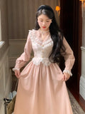 Cinessd Christmas Gift Outfit  French Pink Vintage Dress Woman Princess Fake Two Pieces Dress Female Casual Lace Long Sleeve Elegant Party Midi Dresses 2024