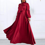 Cinessd Luxury Long Dresses for Women Bow Collar Full Sleeve Straight Floor Length Elegant Female Birthday Party Dinner Vestidos Mujer