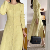 Cinessd Elegant Chic Autumn Winter Yellow Tweed Long Dress High Quality Women Round Collar Fours Pockets Woolen Slim Office Maxi Vestido