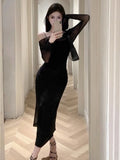 Cinessd Christmas Gfit Outfit Black Party Two-piece Dress Women Casual Sexy Mesh Bodycon Dress Summer Elegant Long Dresses for Women 2025 Korean Style Luxury