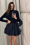 Cinessd O-Neck Long Sleeved Mini Dress with High Waist