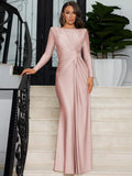 Cinessd Elegant High Waist Folds Long Maxi Pink Dresses for Women 2024 Fall O-neck Long Sleeve Tunics Slim Solid Party Evening Dress