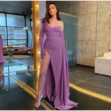 Cinessd - Solid Satin Asymmetric Slit Long Sleeve Dress