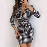 Spring V-neck Sexy Mini Dress Plaid Long-sleeved Lapel Elegant Party Dresses For Women Vintage Casual Slim Houndstooth Vestidos