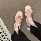 Cinessd Luxury  Lace Tie Leg Satin Silk Ballet Flats Woman Square Toe Bowknot Elastic Band Ballerinas Ladies Wedding  Floral Shoes