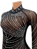 Cinessd Christmas outfit  Sexy Pearls Rhinestone Party Dresses Women Elegant Nightclub Feather Birthday Dress Long Sleeve Mesh Sheer Bodycon Dress