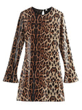 Cinessd Sequins Leopard Print Mini Dress Women O-neck Long Sleeve Loose Chic Glitter Short Street Dresses Holiday Party Evening Robe