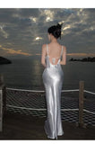 Cinessd Christmas party dresses Black Friday Sexy Spaghetti Strap Backless Summer Dress for Women Satin Lace Up Trumpet Floor-Length Long Dress Elegant Bodycon Party Dresses