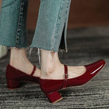 Cinessd New Women's Red Black Mary Janes Shoes High Quality Leather Low Heel Dress Shoes Square Toe Shallow Buckle Strap Women's Shoes