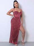 Cinessd - Mesh Patchwork High Side Split Sequin Bodycon Dress