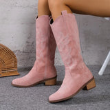 Cinessd Women Embroidery Knight Boots Women Retro Square Toe PU Leather Knee High Boots Female Autumn Winter Western Cowboy Botas Mujer