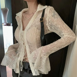 Women Sexy Transparent Blouse Lace Korean Fashion Harajuku Long Sleeve See Through Black Goth Slim Shirts Y2k Lady Blouse