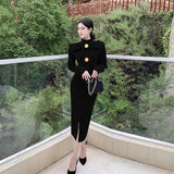 Cinessd Korejpaa Elegant Women Dress Korean Fashion Half High Collar Bow Buttons Bodycon Dresses Outwear Solid Split Vestidos Femme