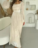 Cinessd Party Dress Women Long Dresses Elegant Splice Square Collar Pleated Casual Slim Prom Pleated High Waist Full Sleeve Vestidos