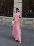 Cinessd Christmas Gift Women Elegant Pink Pleated Stand Collar Long Dresses Fashion Sleeveless Waist Up Slim Fit Vestidos New Female High Street Robes