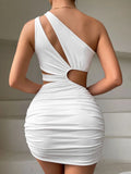 Sexy Tight Evening Mini Dress 2024 Summer Hollow Out Wrap Around Dress One Shoulder Bodycon White Dresses For Women