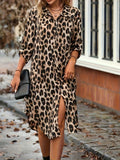 Cinessd New Elegant Women's Summer Leopard Shirt Dress Casual Loose Turn Down Collar Mid Calf Straight Long Dresses