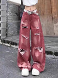 Cinessd Women's Pink Y2k Ripped Cargo Jeans Harajuku Denim Trousers Aesthetic Y2k Jean Pants Vintage Japanese 2000s Style Trashy Clothes