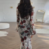 Romantic Rose Flower Print Mermaid Dress Fashion Women's O-neck High Waist Slim Party Dress Elegant Long Sleeved Pleated Dresses