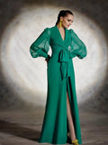 Cinessd Female Party Evening Maxi Dresses 2024 New Spring Puff Sleeves Lace-Up Split-Front V-Neck Green Elegant Prom Gown