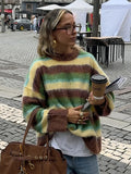 Cinessd Mohair Striped Elegant Sweater Women Oversize Long Sleeve Contrast Color O-neck Pullover Female Jumper 2024 Autumn Colorful Tops