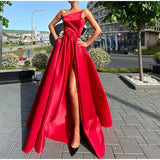 Cinessd - Off Shoulder Slit Floor Length Satin A Line High Waist Dress