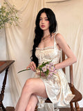 Cinessd REDDACHiC Medieval Retro Satin Mini Dress Women Jacquard Floral Lace Trim Cami Rompers Going Out Summer Party Desire One-piece