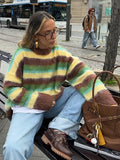 Cinessd Mohair Striped Elegant Sweater Women Oversize Long Sleeve Contrast Color O-neck Pullover Female Jumper 2024 Autumn Colorful Tops