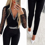 Cinessd Jumpsuits Women One Piece V Neck Full Sleeve Tight High Waist Overalls Casual Sheath Long Pencil Pants Rompers Slim Fit