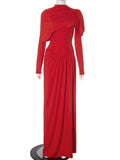 Cinessd Christmas Outfit Elegant Women Shirring Irregular Red Maxi Dress Evening Party Formal Occasion Dresses Ladies Folds Tunics Slim Long Wedding Robe