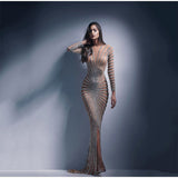 Cinessd - Mesh Sequins Split Fishtail V Neck Long Sleeve Maxi Dress