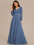 Cinessd Elegant Evening Dresses Waisted V-neck long sleeve Sequins Floor-Length 2024 Ever pretty of Chiffon Dusty Navy Bridesmaid dress