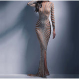 Cinessd - Mesh Sequins Split Fishtail V Neck Long Sleeve Maxi Dress