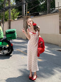 2024 New Sweet Sexy 2 Piece Dress Set Wonan Red Short Cardigan Print Sleeveless Midi Dress Party Korean Fashion Suit Female